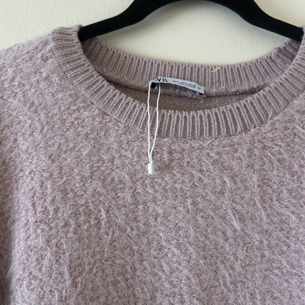 Zara Lilac Fuzzy Metallic Shimmer Cropped Sweater Jumper bell Sleeve Large - Picture 6 of 9